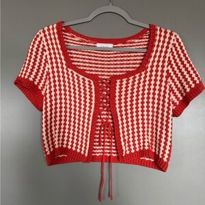 Sage the Label Striped Pattern Knit Lace-Up Crop Top in Orange and Cream